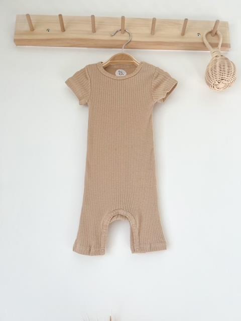 Jakarlı Bej Kısa kol Romper Organik Modal Tulum %50 TENCEL Modal %50 Pamuk