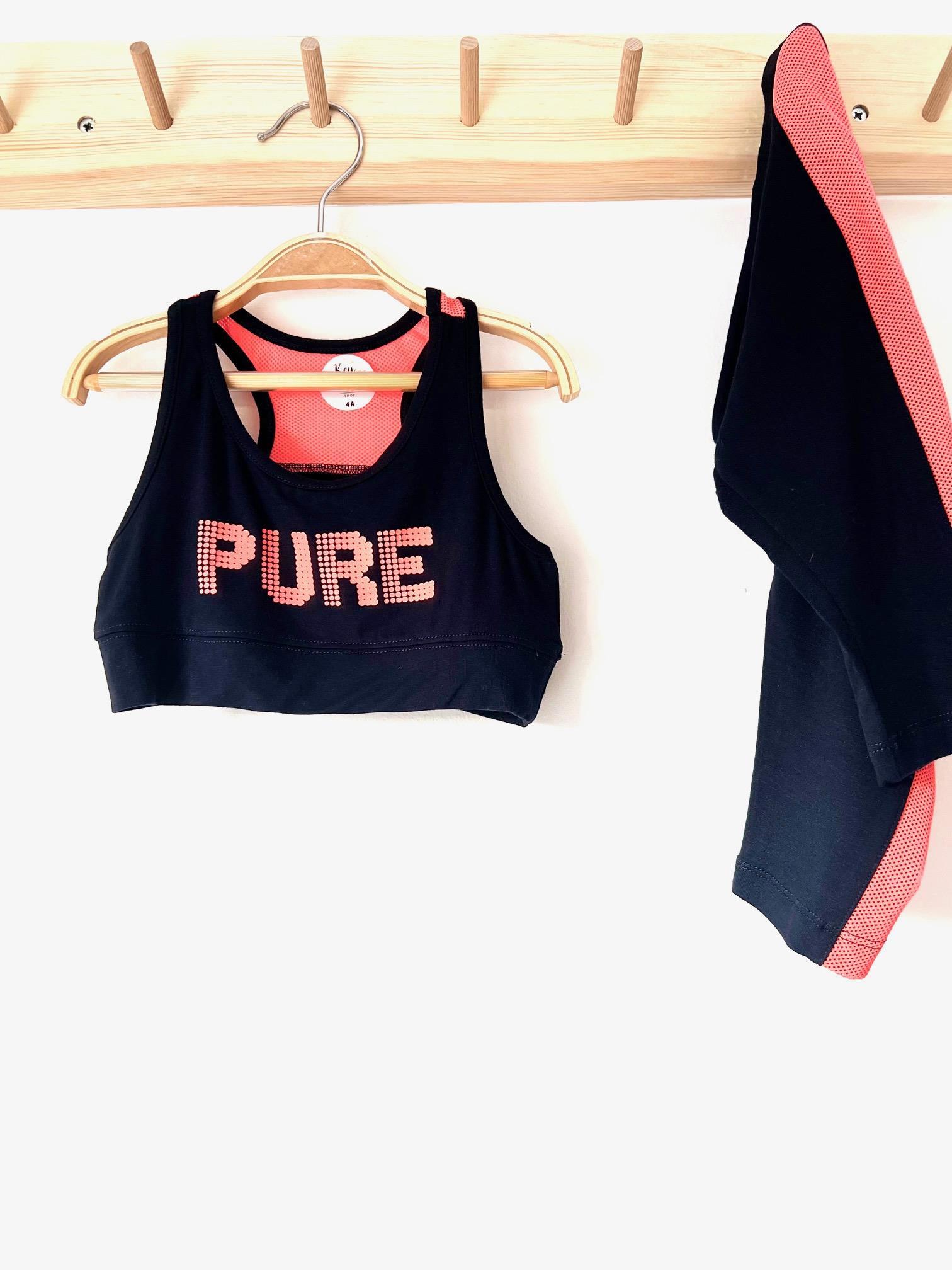 Siyah Turuncu Çocuk Spor Tayt Crop Büstiyer Yazlık 2'li Takım %100 Pamuk