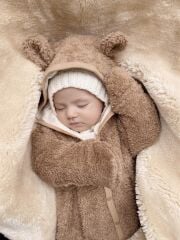 Welsoft Bebek Kışlık Bej Tulum Dış Giyim Kalın Unisex 0-3 / 18 Ay Premium Peluş Uyku Tulumu