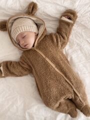 Welsoft Bebek Kışlık Bej Tulum Dış Giyim Kalın Unisex 0-3 / 18 Ay Premium Peluş Uyku Tulumu 6-9 Ay