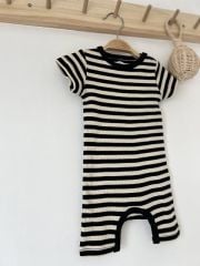 Siyah Krem Çizgili Fitilli Organik Modal Romper  %100 Pamuk