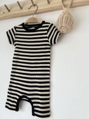 Siyah Krem Çizgili Fitilli Organik Modal Romper  %100 Pamuk