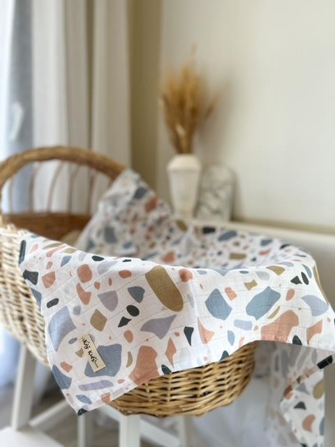 Terazzo Mavi Organik 120*120cm Çok Amaçlı Müslin Örtü