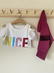 Bordo Nice Taşlı Baskılı Çocuk Spor Tayt 3'lü Takım %100 Pamuk