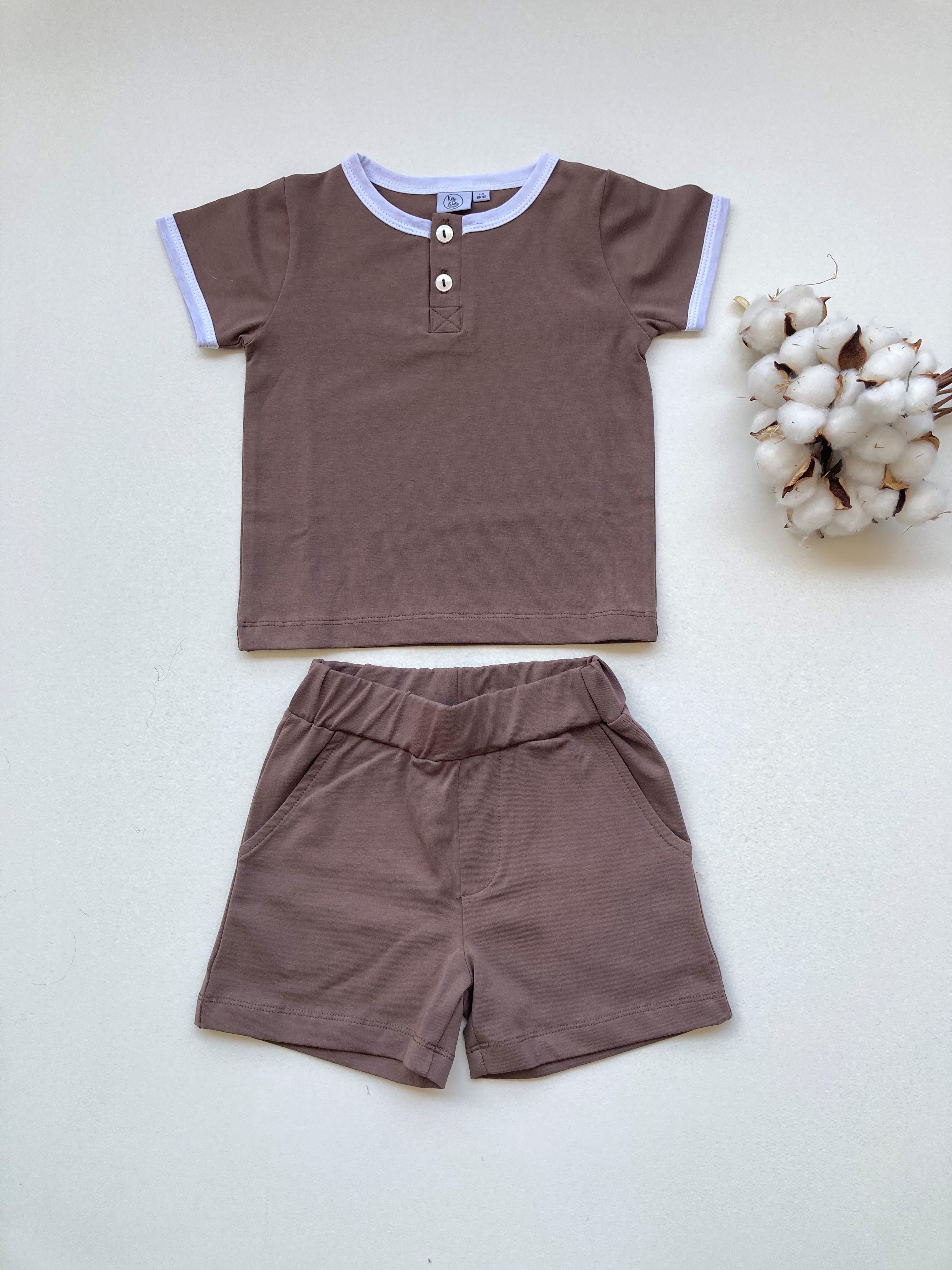 Brown Düğmeli Tshirt Şortlu Takım %100 Pamuk Tişört