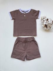 Brown Düğmeli Tshirt Şortlu Takım %100 Pamuk Tişört