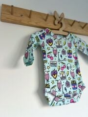 Retro 90's Kirazlı Mavi Pembe %100 Organik Pamuklu Kız Unisex Bebek Body Zıbın