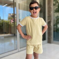 Sarı Düğmeli Tshirt Şortlu Takım %100 Pamuk Tşört