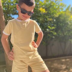 Sarı Düğmeli Tshirt Şortlu Takım %100 Pamuk Tşört